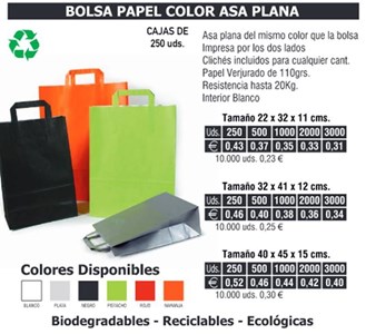 Bolsa de papel asa plana 22X32CMS colores