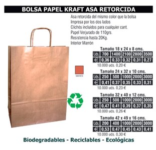 Bolsa de papel asa retorcida 18x24x8cms kraft