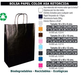 Bolsas de papel asa retorcida 32X40CMS colores